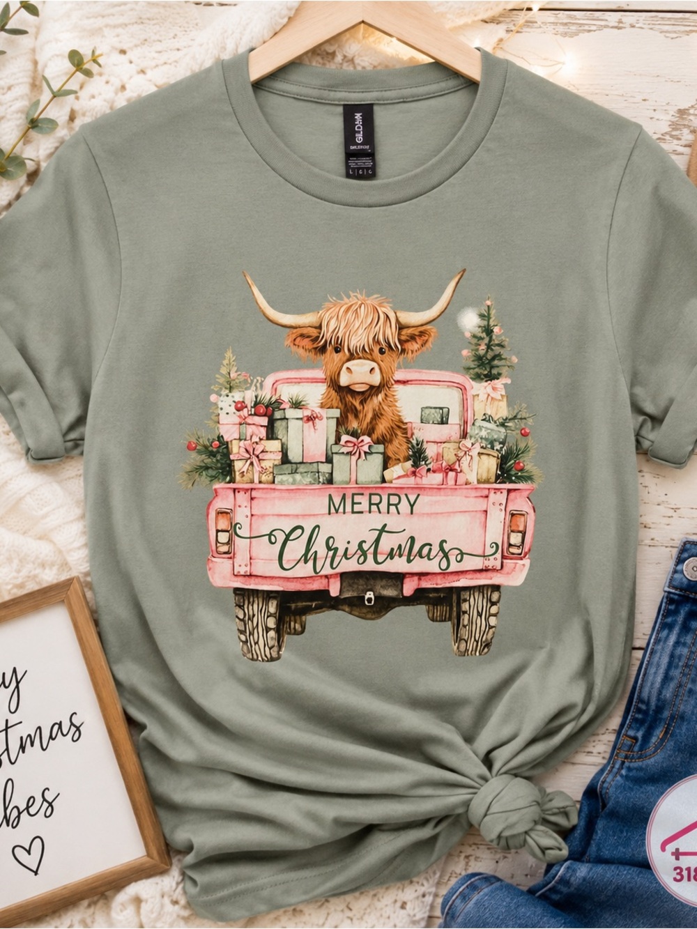 Gildan Sage Green Merry Christmas Truck Tee